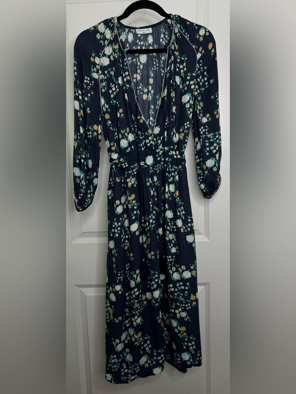 Megan Park Floral Viscose Maxi Dress 0 Blue Orange Green Tassel Detail Pockets